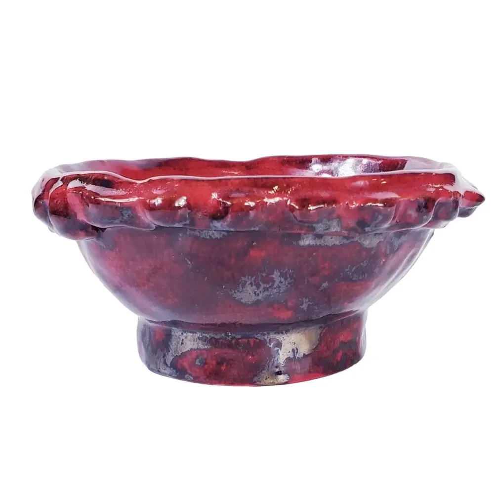Studio Pottery Trinket Bowl Red Gunmetal Glaze Notched Rim Decor